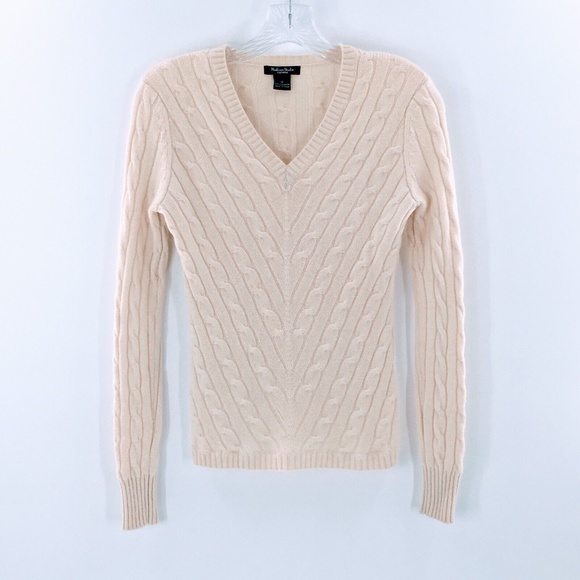 Womens Cashmere Cable Knit Sweater Madison Studios Ivory V Neck Pullover Sz S - Picture 7 of 9